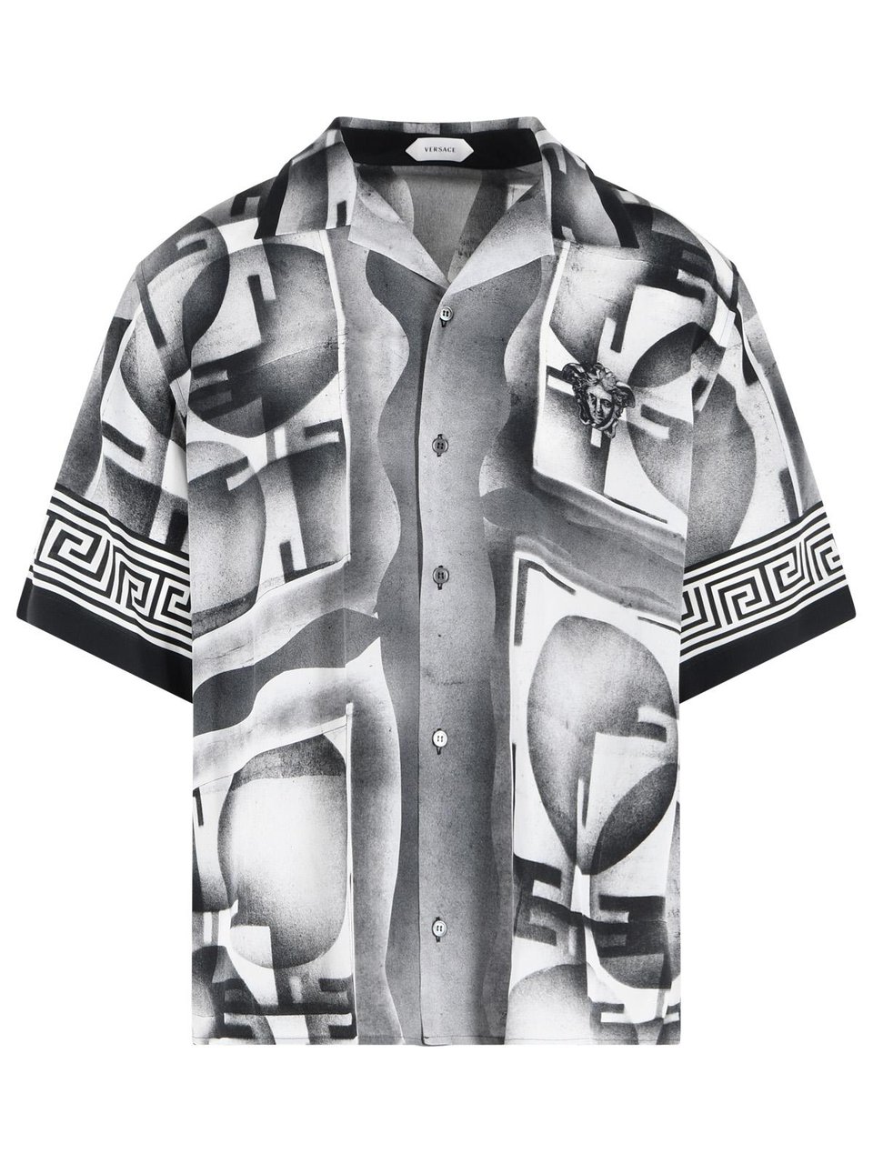 Versace Open Collar Black Silk Shirt With Geometric Print Grijs