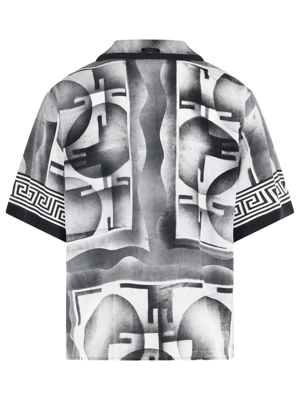 Versace Open Collar Black Silk Shirt With Geometric Print Grijs