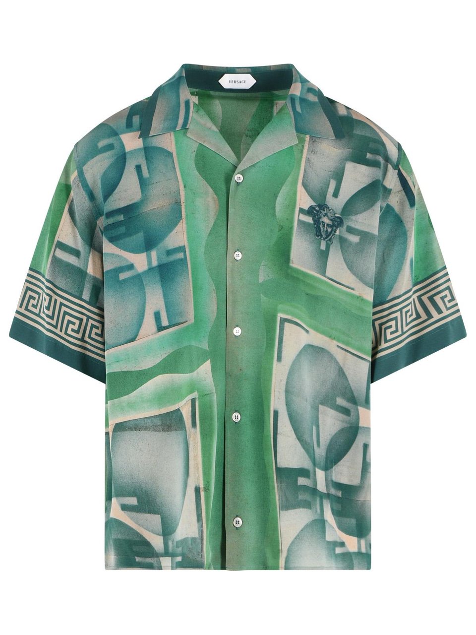 Versace Short-Sleeve Green Silk Shirt With Geometric Print Groen