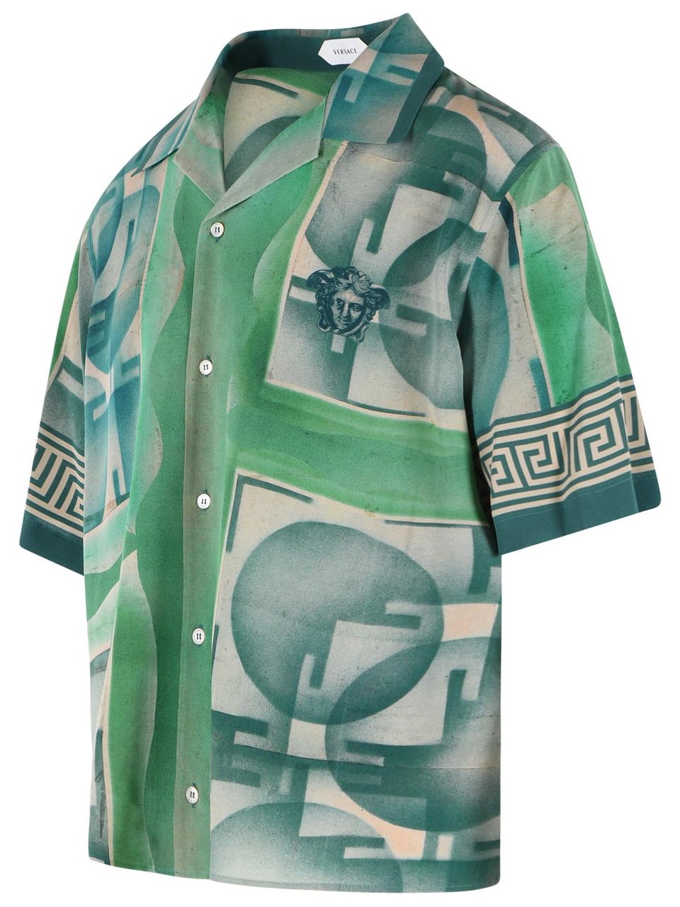 Versace Short-Sleeve Green Silk Shirt With Geometric Print Groen