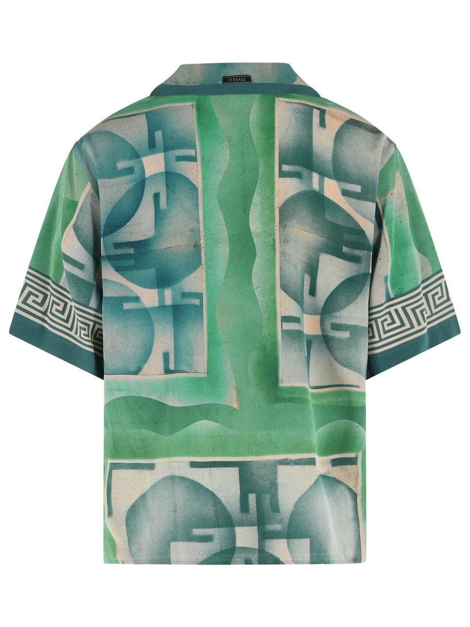 Versace Short-Sleeve Green Silk Shirt With Geometric Print Groen