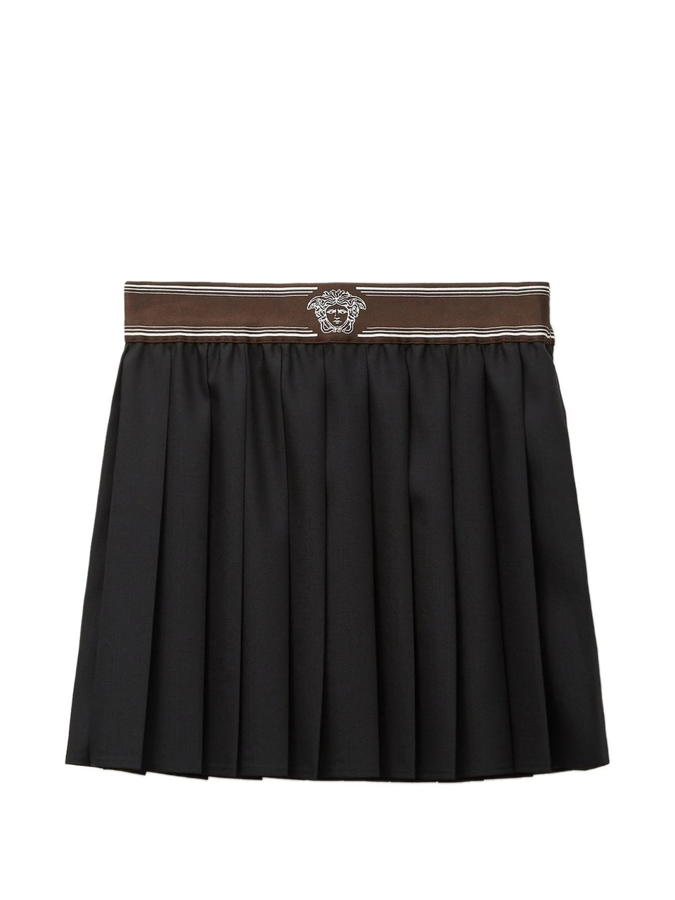 Versace Pleated Mini Skirt With Wide Waistband And Emblem Zwart