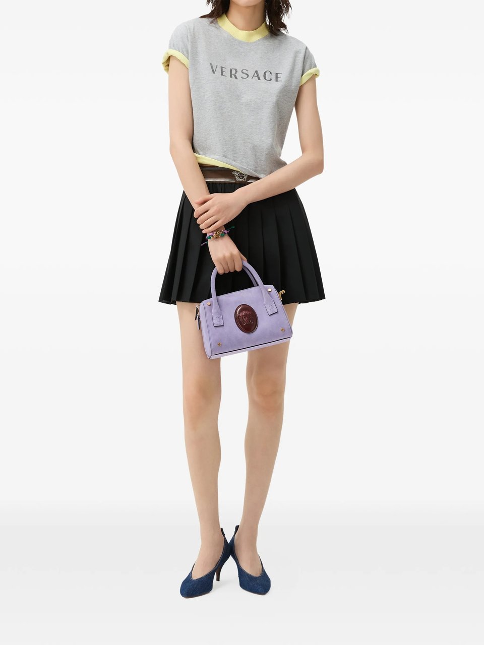 Versace Pleated Mini Skirt With Wide Waistband And Emblem Zwart