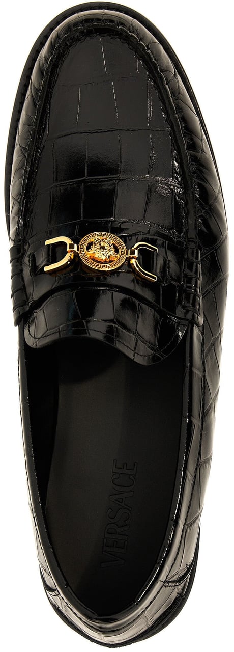 Versace Black Velvet Leather Slip-On Loafers Zwart