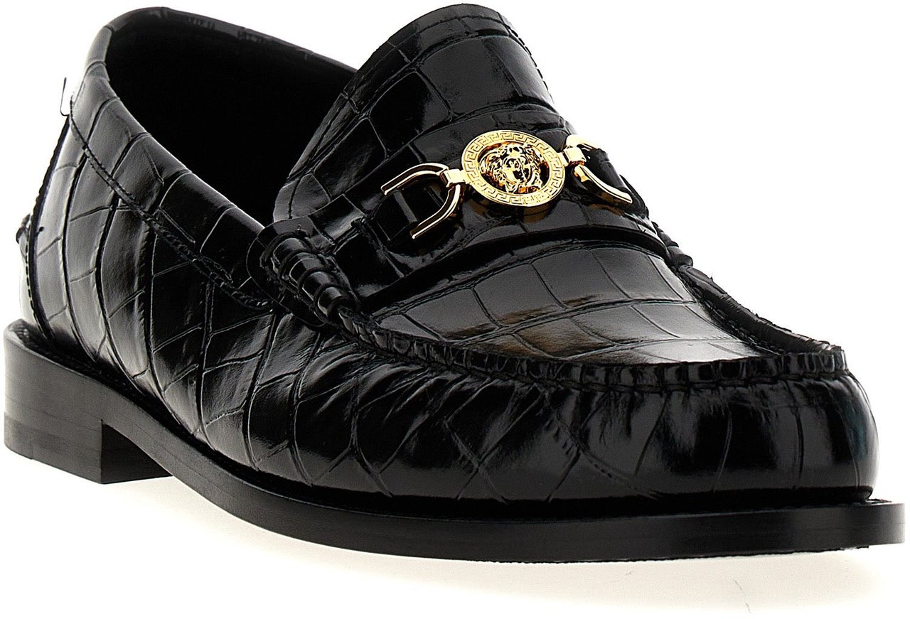 Versace Black Velvet Leather Slip-On Loafers Zwart