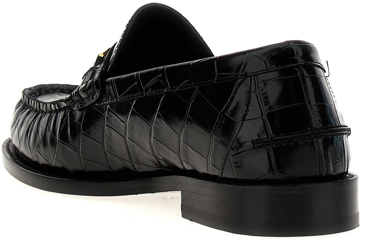 Versace Black Velvet Leather Slip-On Loafers Zwart