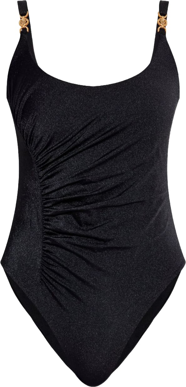 Versace Ruched One-Piece Swimsuit With Gold Medusa Emblem Zwart