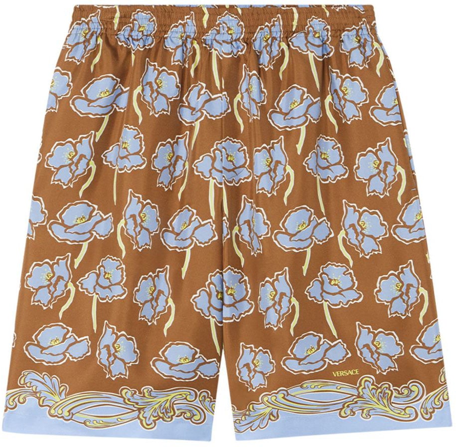 Versace Tobacco Brown Floral Print Shorts Bruin