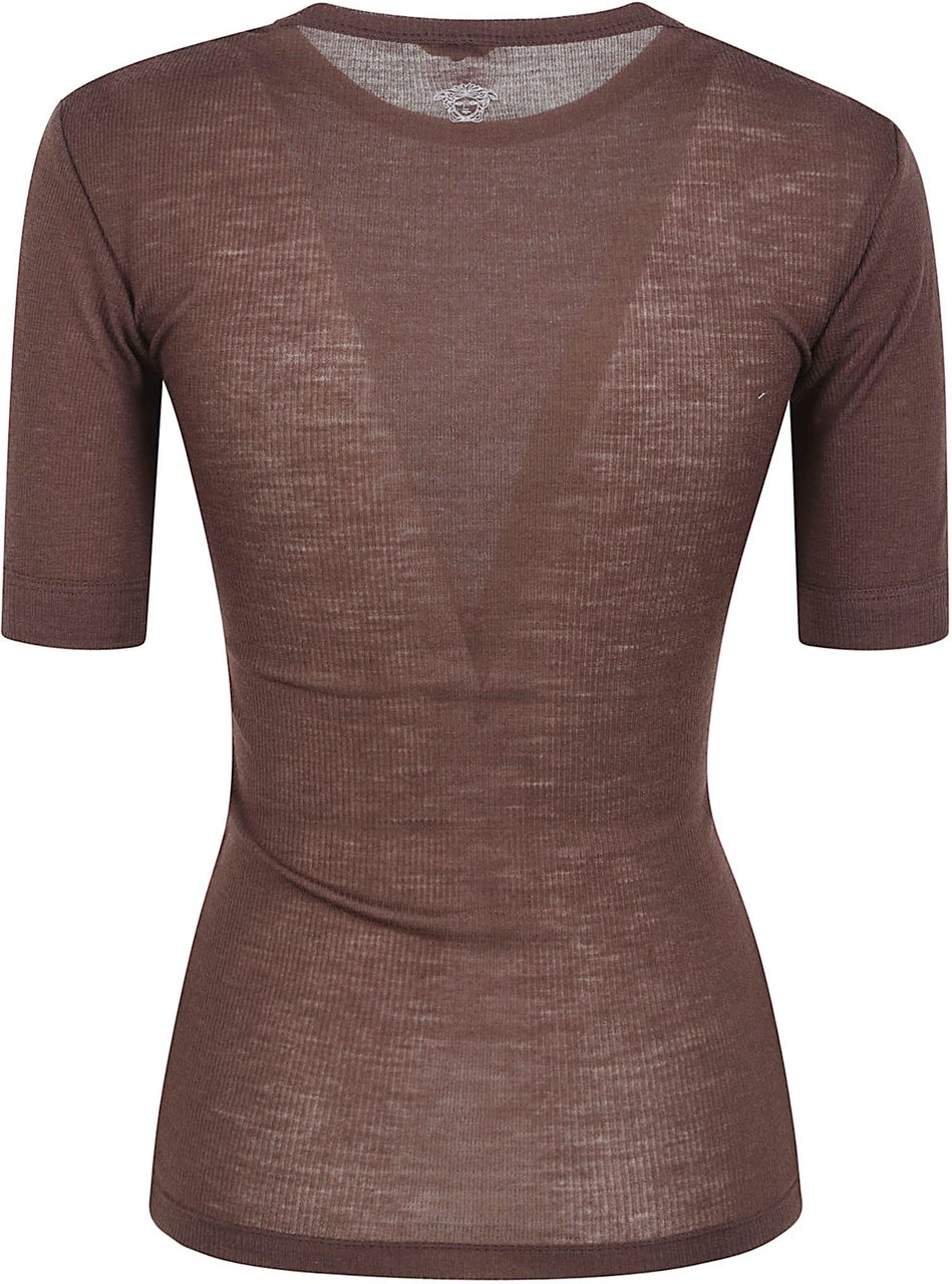 Versace Fitted Semi-Sheer Brown Short-Sleeve Top with Ribbed Texture Grijs