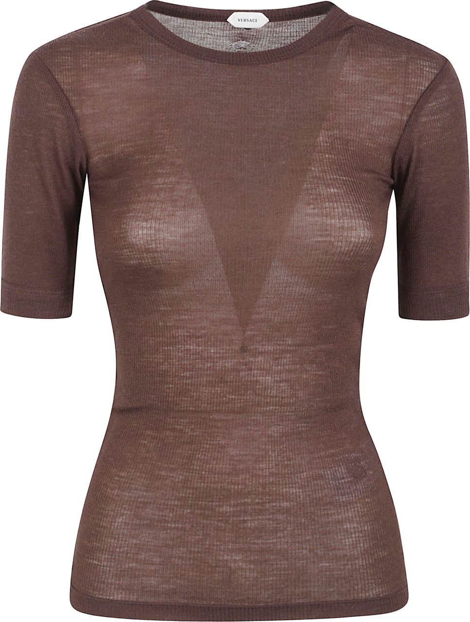 Versace Fitted Semi-Sheer Brown Short-Sleeve Top with Ribbed Texture Grijs