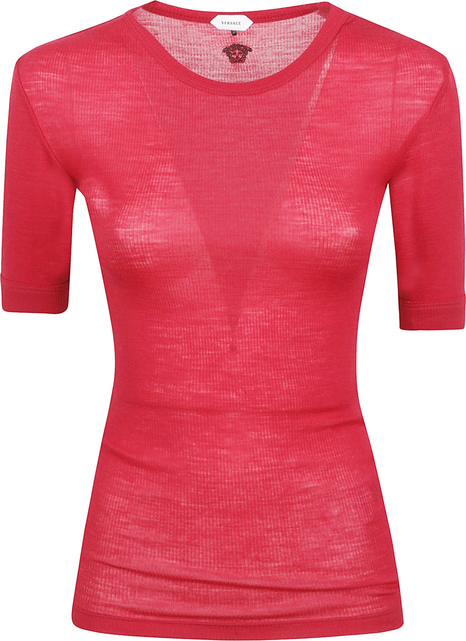 Versace Fitted Ribbed Knit Top with Embroidered Medusa Motif Maroon