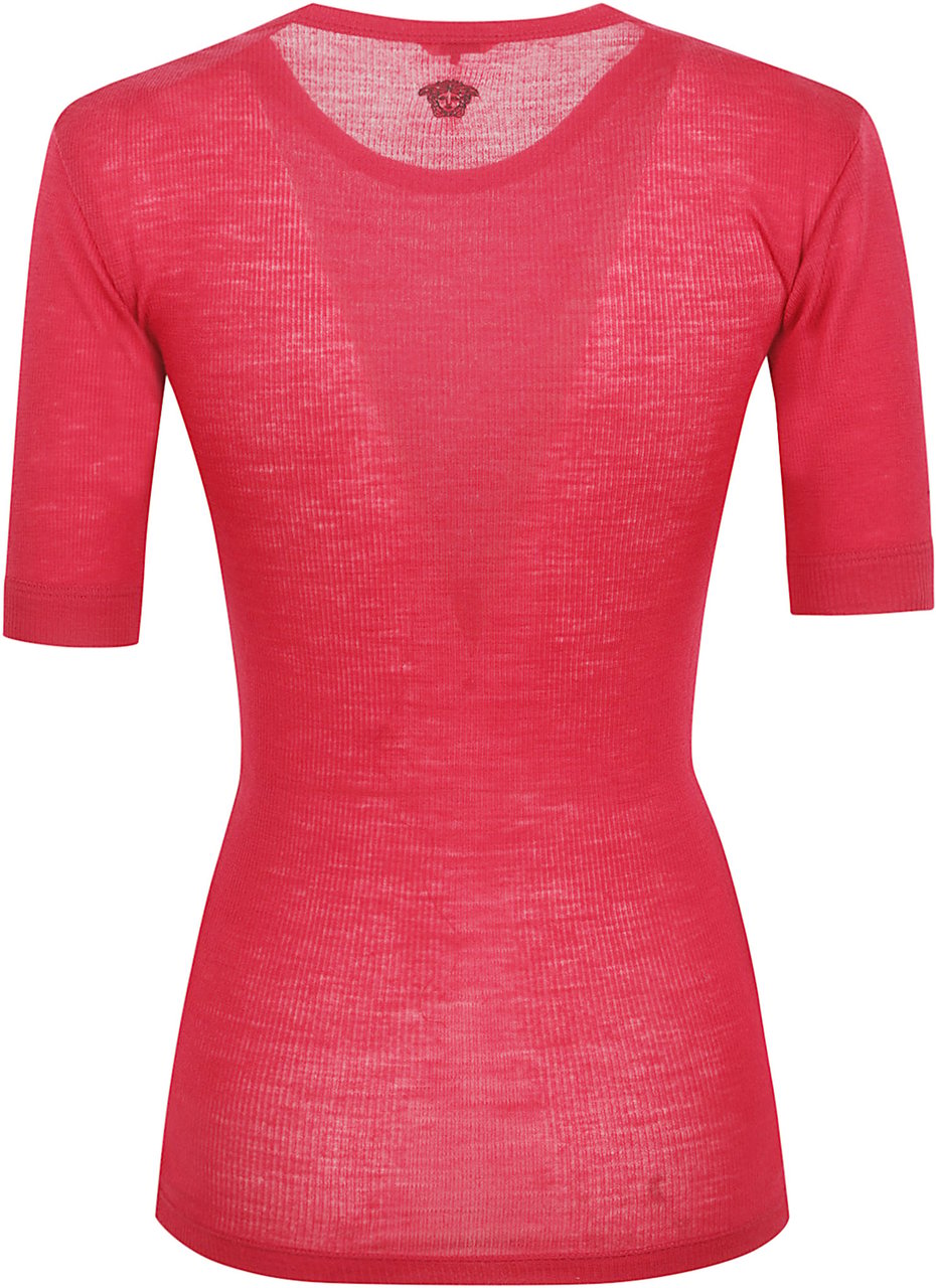 Versace Fitted Ribbed Knit Top with Embroidered Medusa Motif Maroon