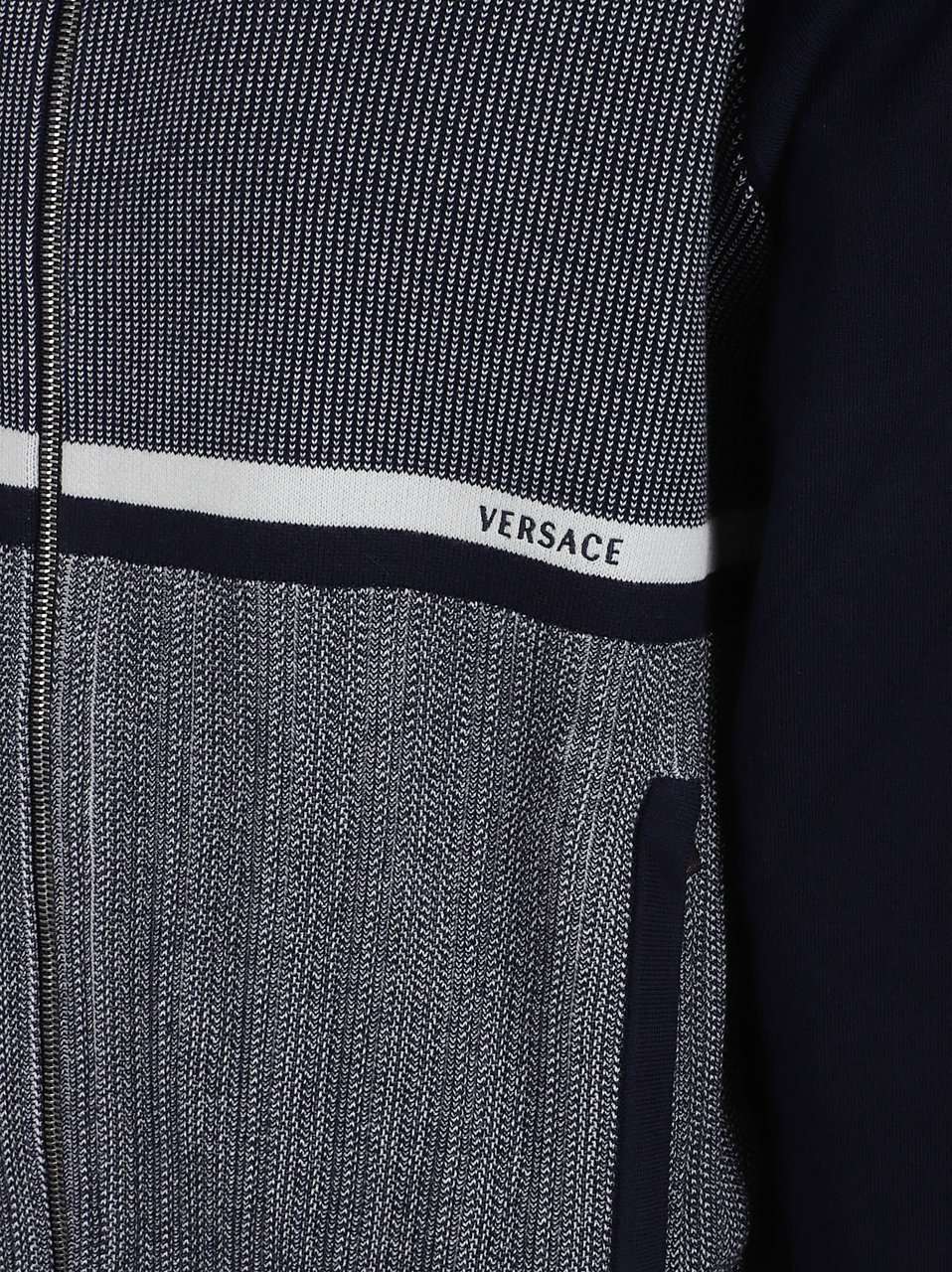 Versace Textured Knit Sweater with Zip-Up Front and High Collar Zwart