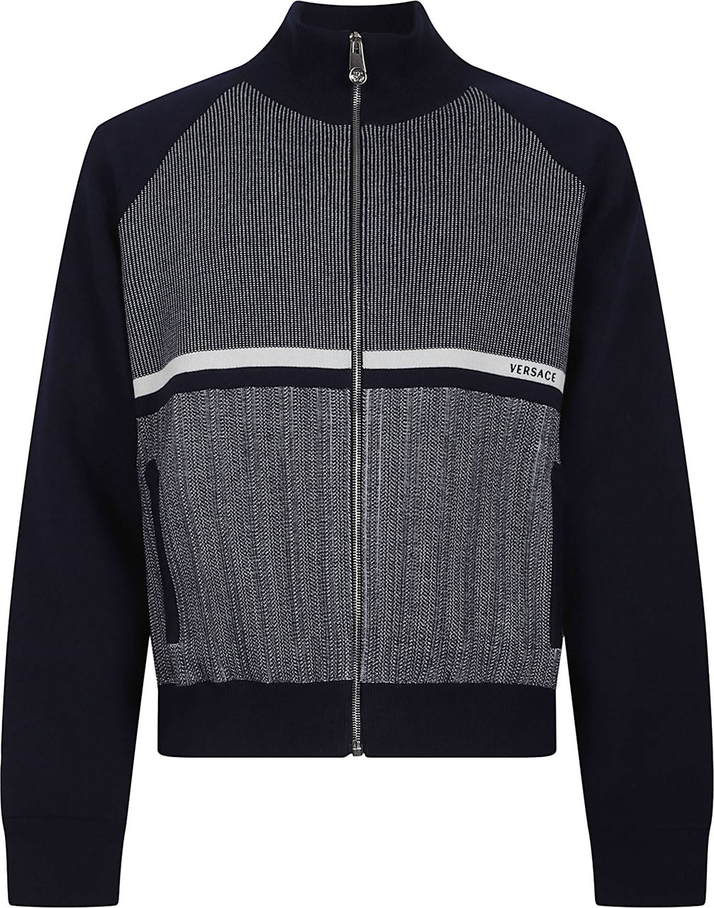 Versace Textured Knit Sweater with Zip-Up Front and High Collar Zwart