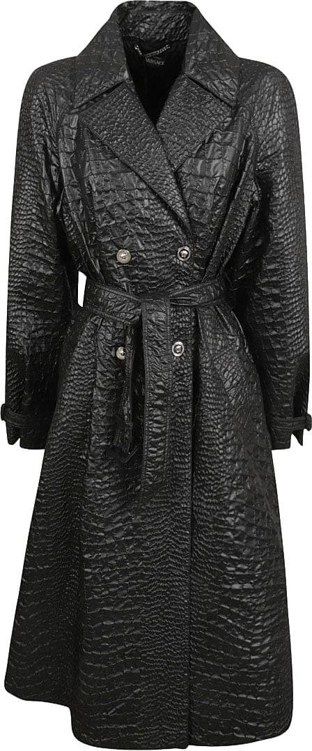 Versace Textured Black Trench Coat Zwart