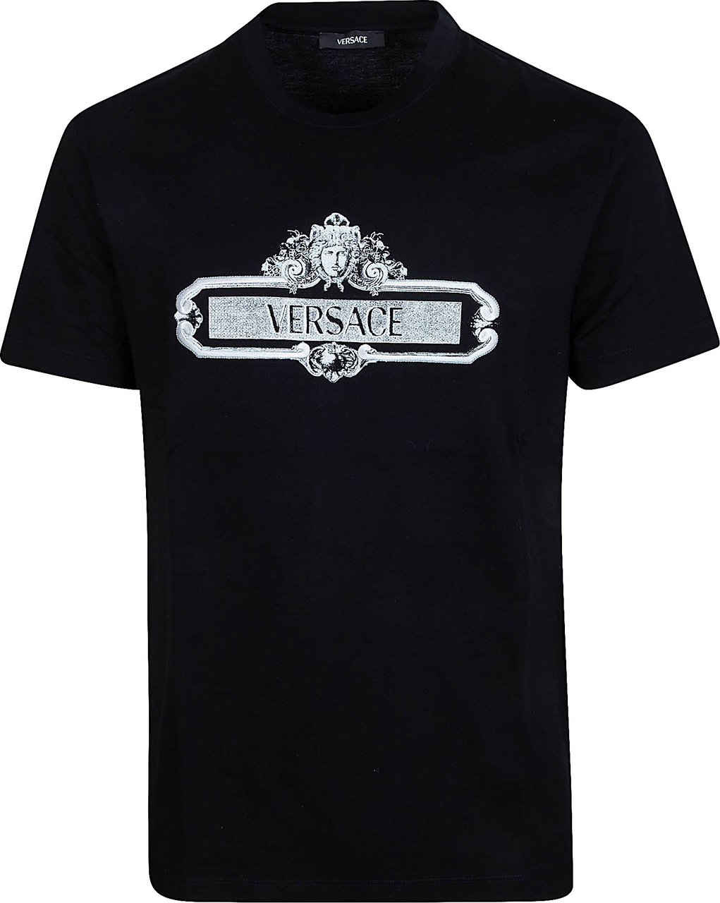 Versace Short-Sleeve Black T-Shirt with Ornate Silver Graphics Zwart