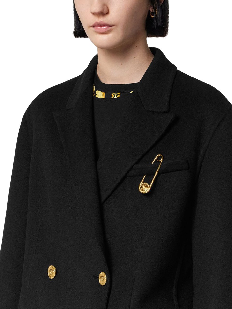 Versace Double-Breasted Black Coat with Gold-Tone Accents Zwart