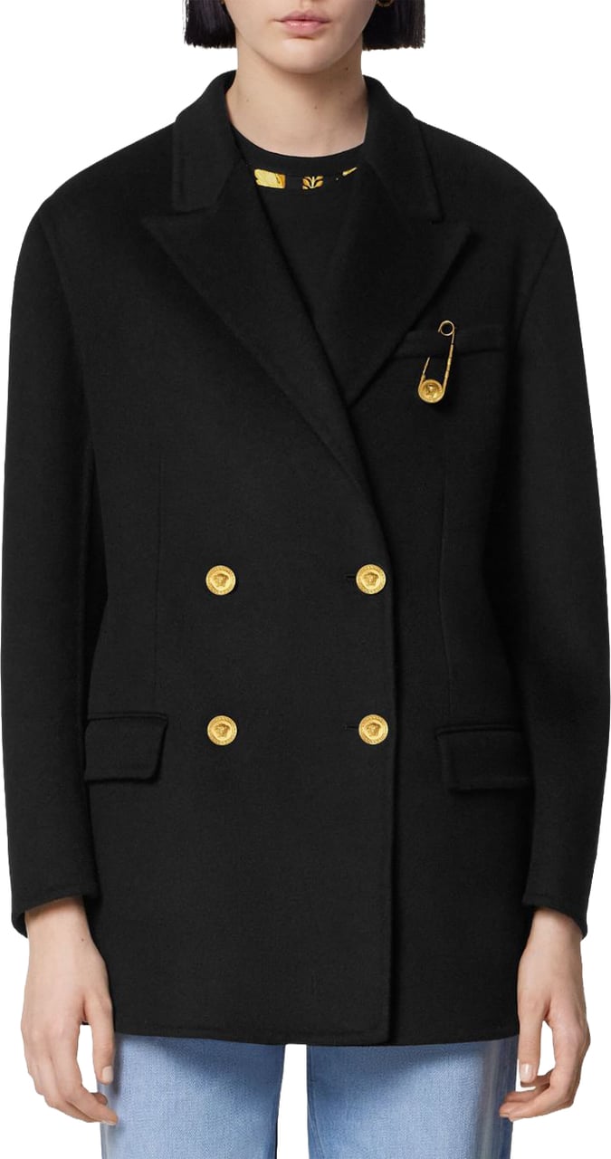 Versace Double-Breasted Black Coat with Gold-Tone Accents Zwart