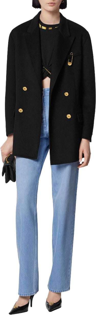 Versace Double-Breasted Black Coat with Gold-Tone Accents Zwart