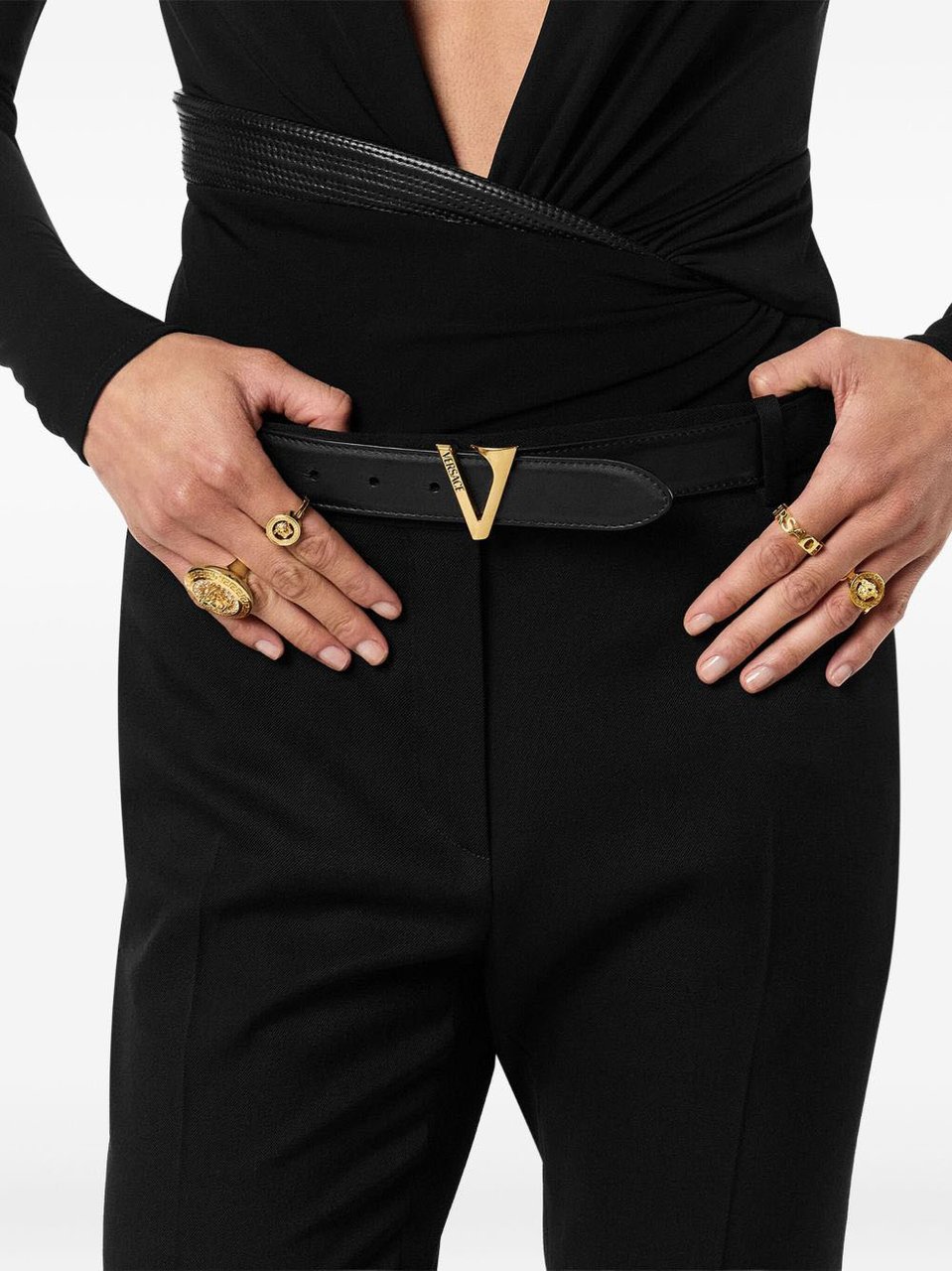 Versace Pointed Black Calf Leather Belt Zwart