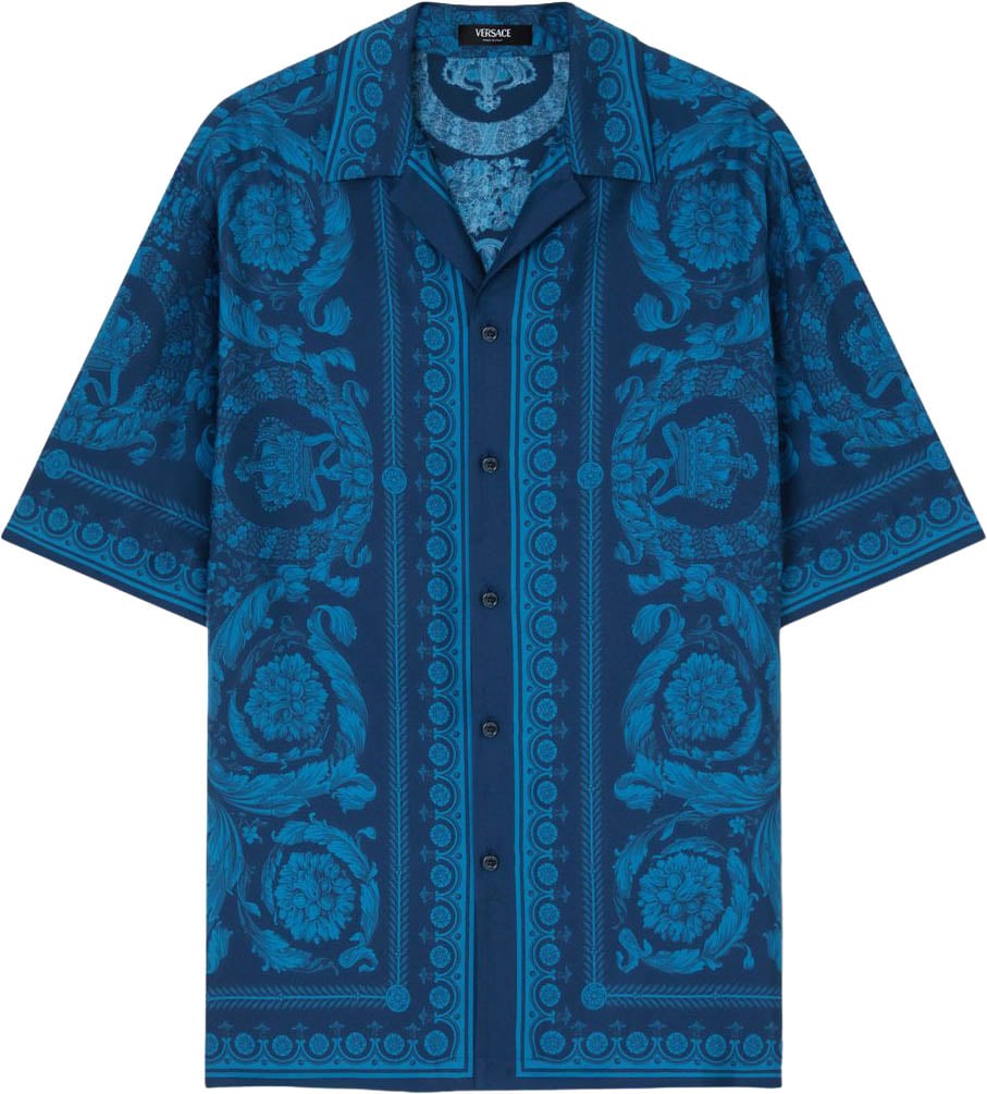 Versace Baroque Pattern Short-Sleeve Shirt With Camp Collar Blauw