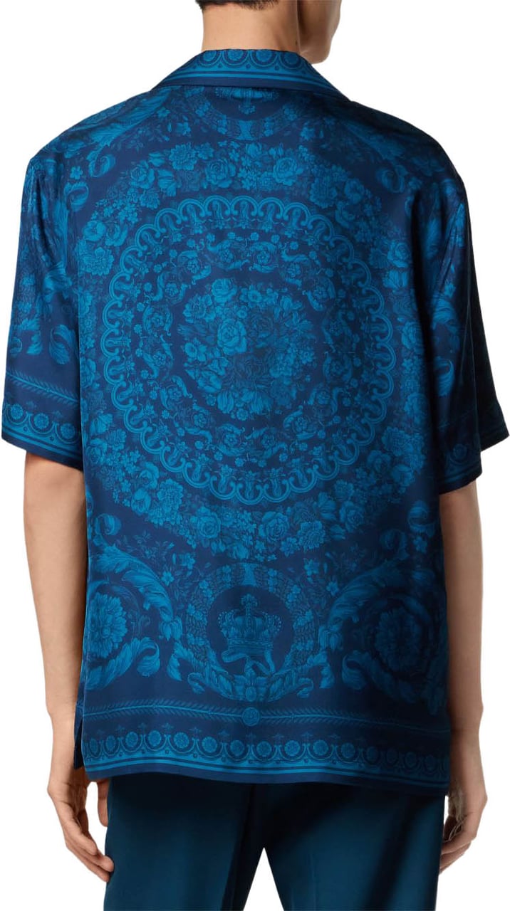 Versace Baroque Pattern Short-Sleeve Shirt With Camp Collar Blauw