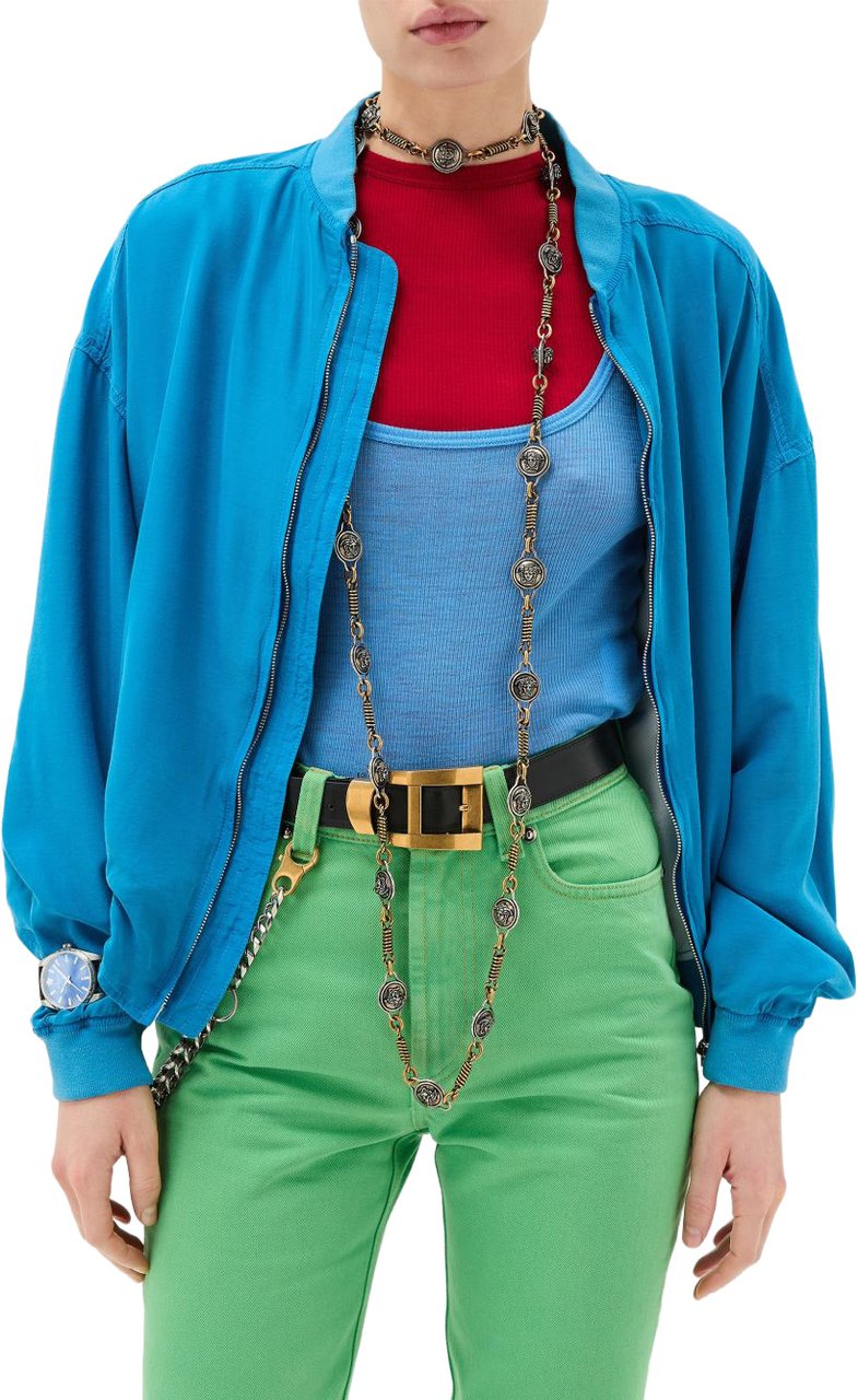 Versace Vibrant Blue Silk And Nylon Bomber Jacket Blauw