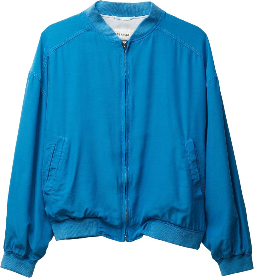 Versace Vibrant Blue Silk And Nylon Bomber Jacket Blauw