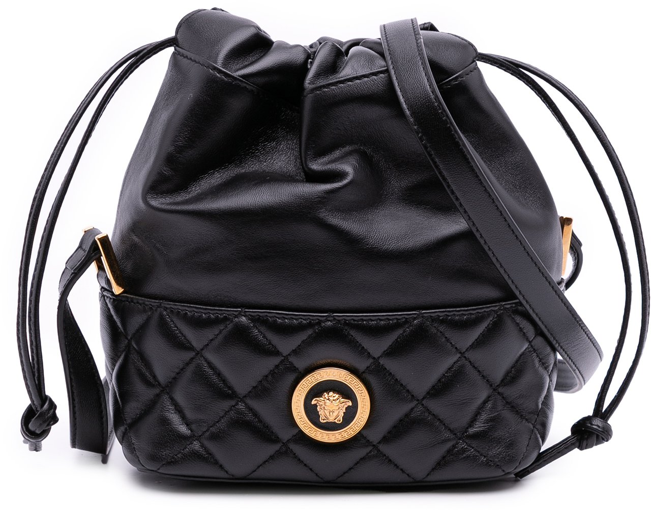 Versace Quilted Calfskin La Medusa Drawstring Bucket Bag Zwart