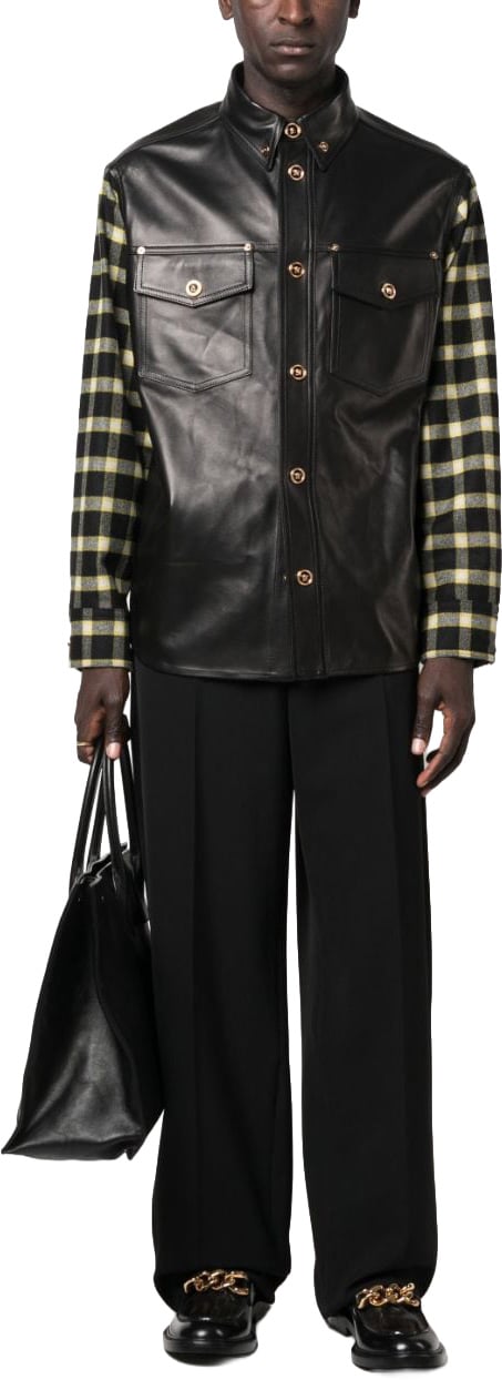 Versace Black Blouson Leather Checkered Sleeve Jacket Zwart