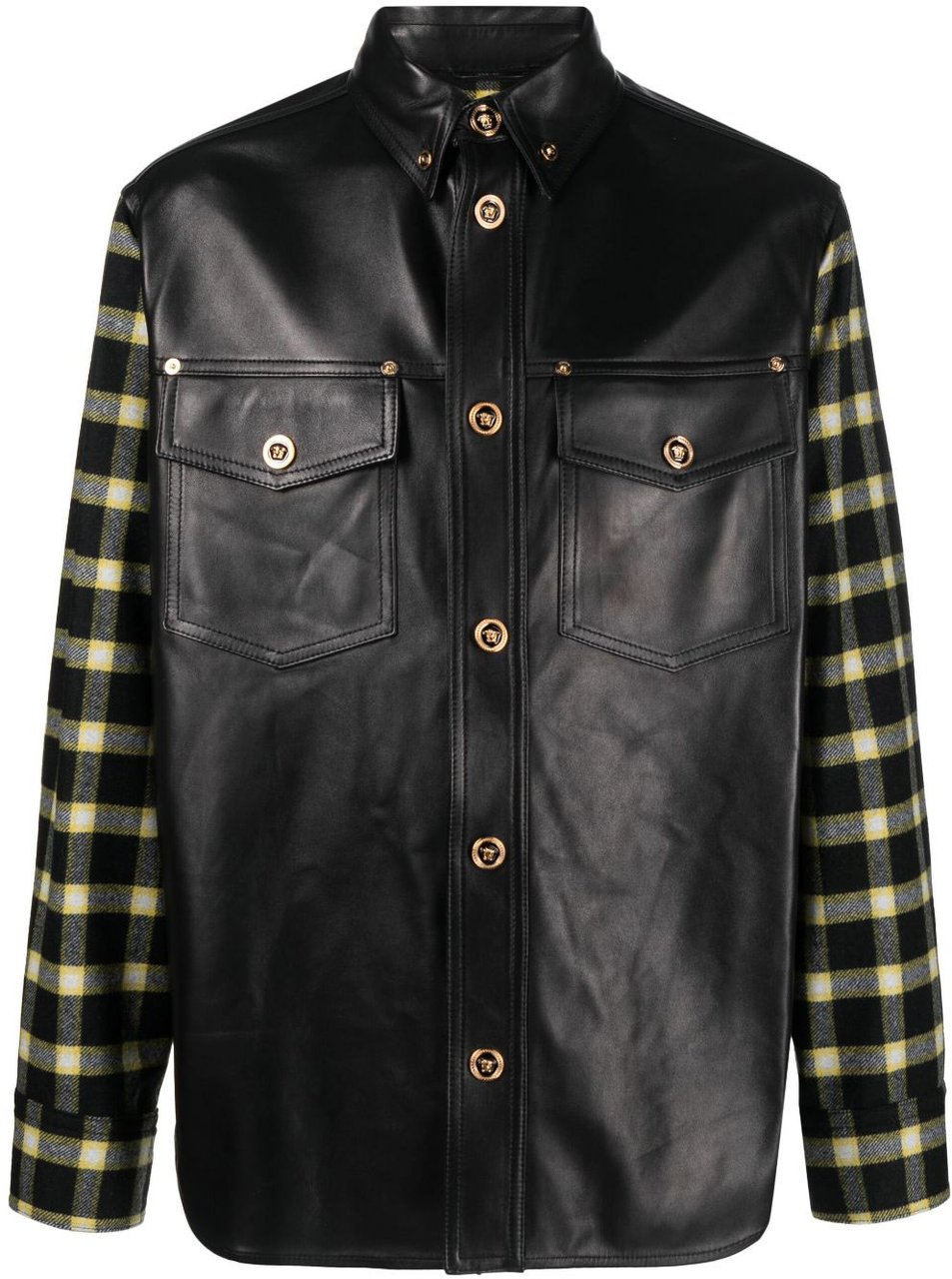 Versace Black Blouson Leather Checkered Sleeve Jacket Zwart
