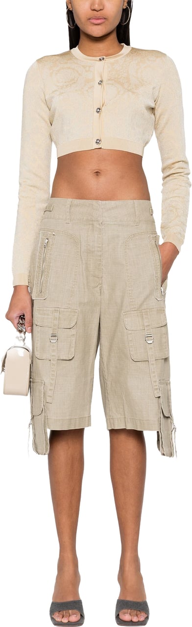 Versace Beige Cropped Baroque Lurex Knit Cardigan Neutraal
