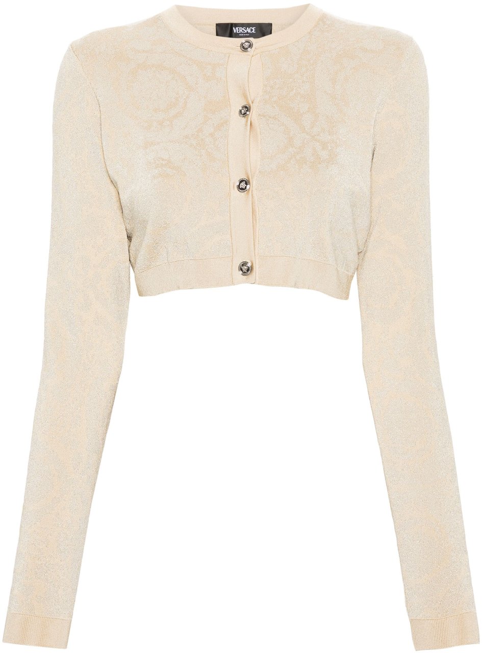 Versace Beige Cropped Baroque Lurex Knit Cardigan Neutraal