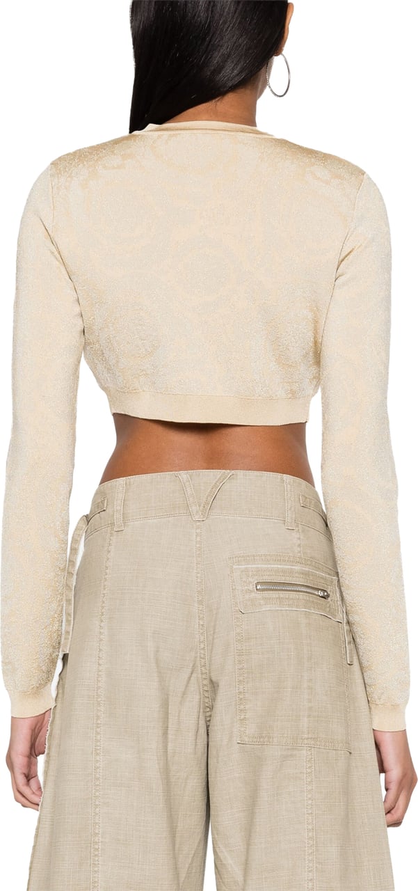 Versace Beige Cropped Baroque Lurex Knit Cardigan Neutraal