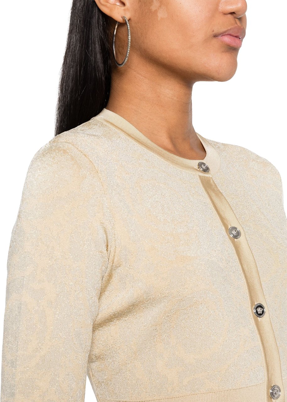 Versace Beige Cropped Baroque Lurex Knit Cardigan Neutraal