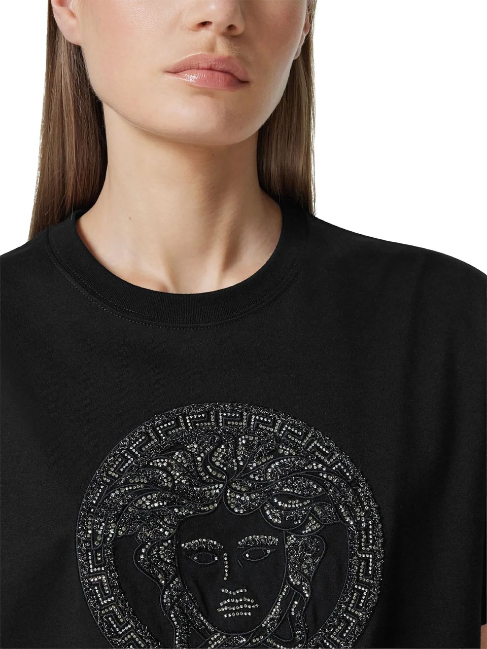 Versace Medusa Embroidery Microcrystal Cotton T-shirt Zwart