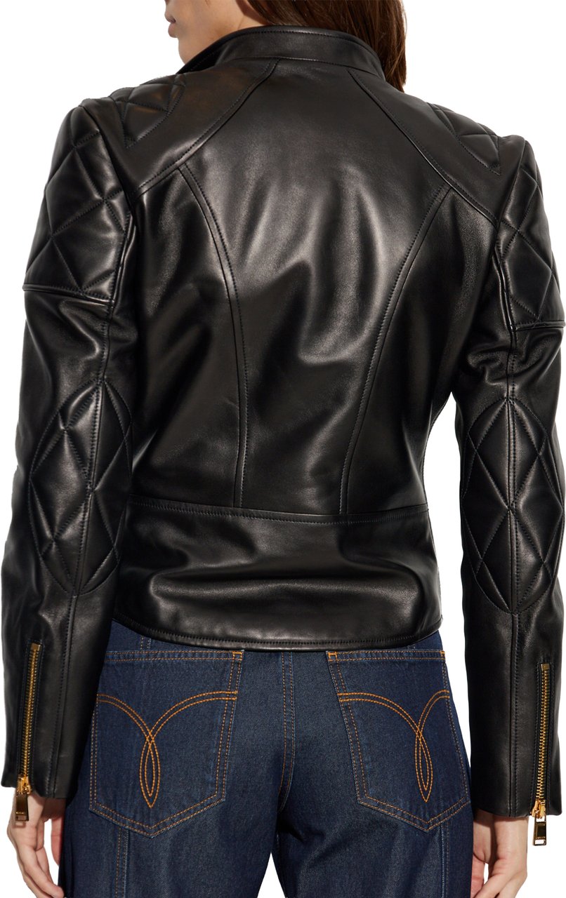 Versace Black Agnello Quilted Leather Biker Jacket Zwart
