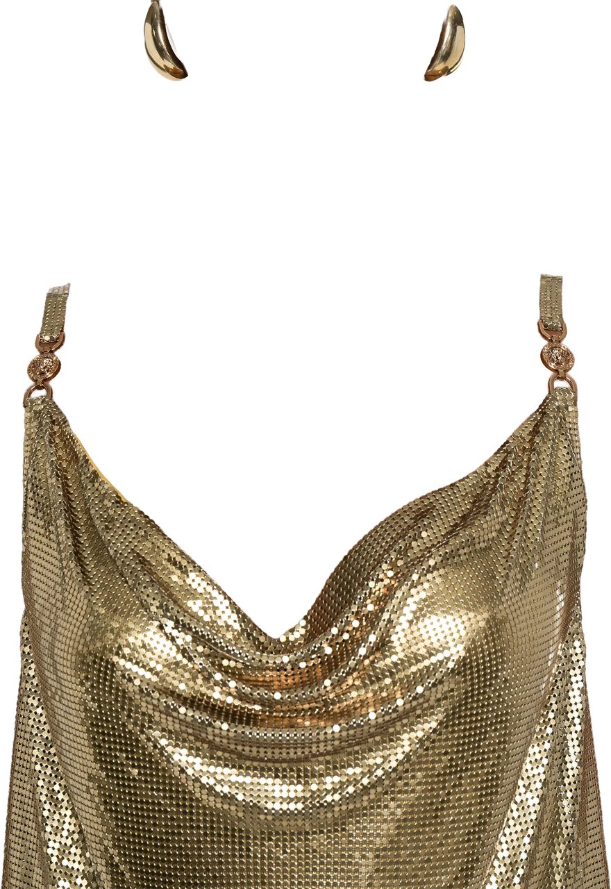 Versace Metallic Mesh Mini Dress with Draped Neckline Roze