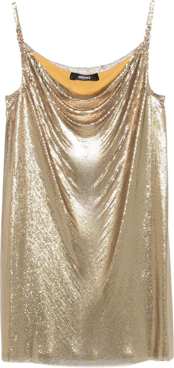 Versace Metallic Mesh Mini Dress with Draped Neckline Roze