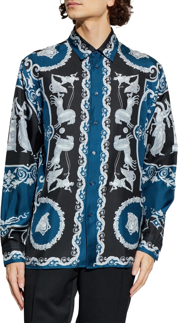 Versace Blue Baroque-Print Silk Long-Sleeve Shirt Zwart