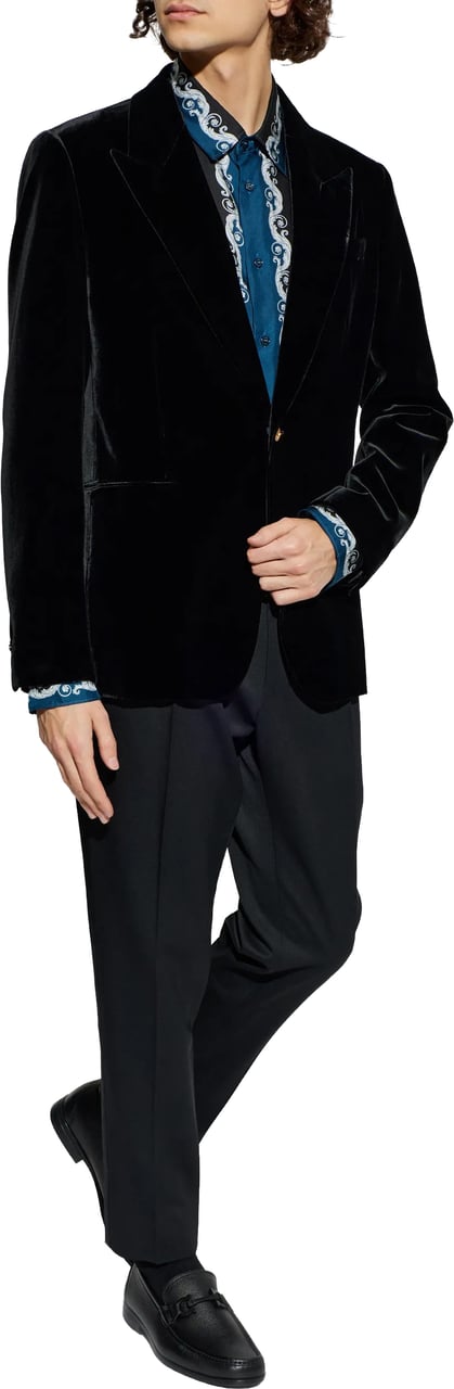 Versace Blue Baroque-Print Silk Long-Sleeve Shirt Zwart