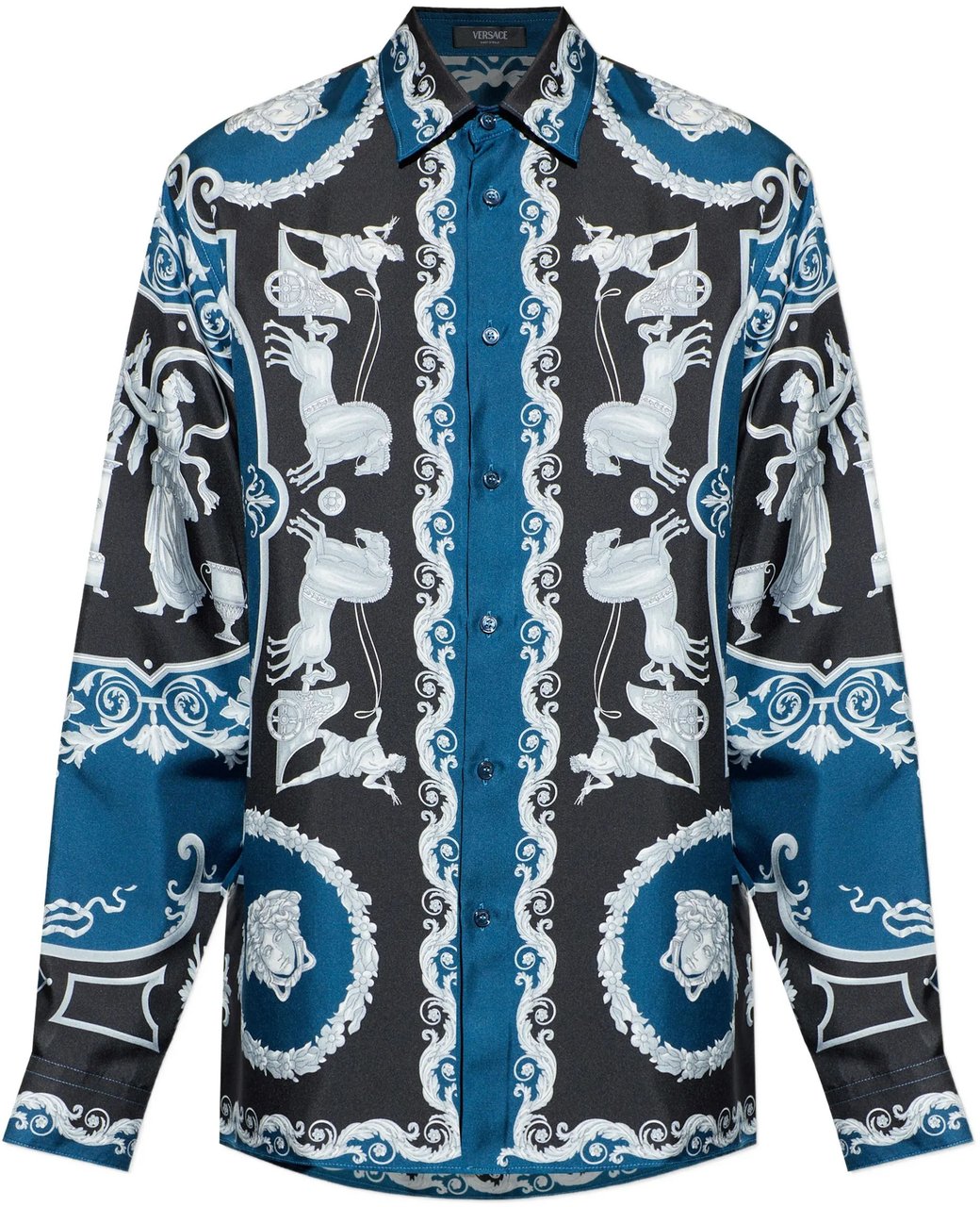Versace Blue Baroque-Print Silk Long-Sleeve Shirt Zwart