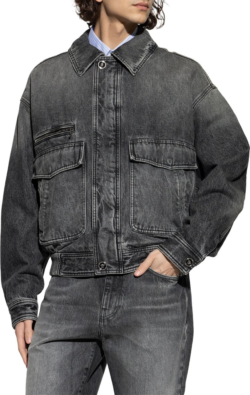 Versace Black Blouson Denim Cropped Washed Jacket Grijs