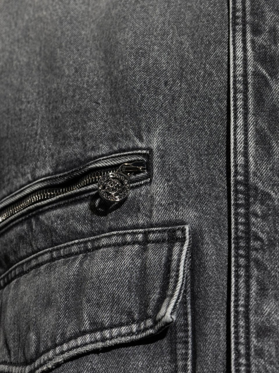 Versace Black Blouson Denim Cropped Washed Jacket Grijs