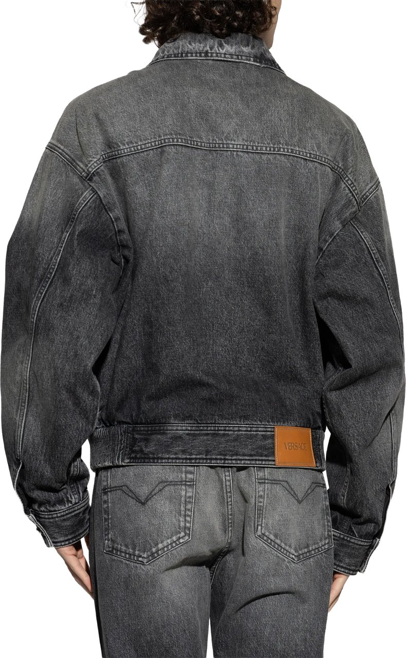 Versace Black Blouson Denim Cropped Washed Jacket Grijs