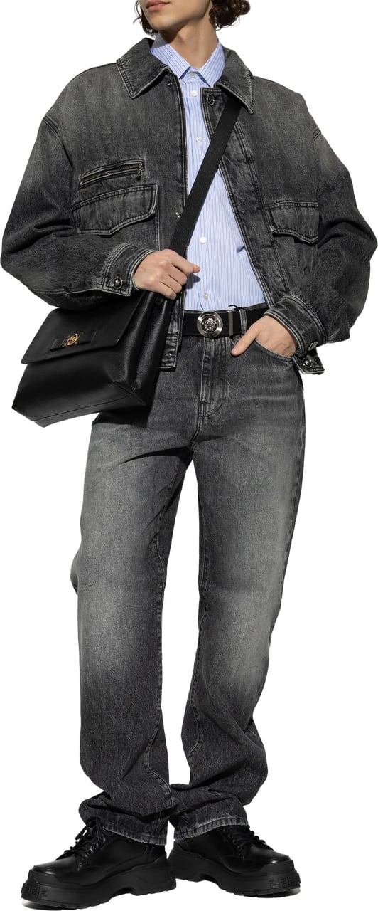 Versace Black Blouson Denim Cropped Washed Jacket Grijs