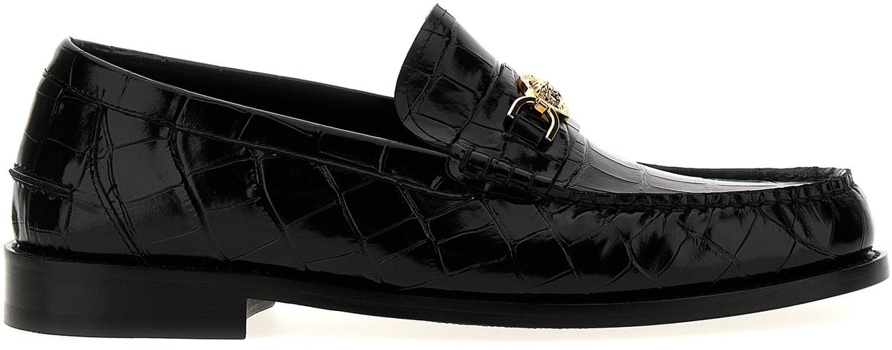 Versace Black Velvet Leather Slip-On Loafers Zwart