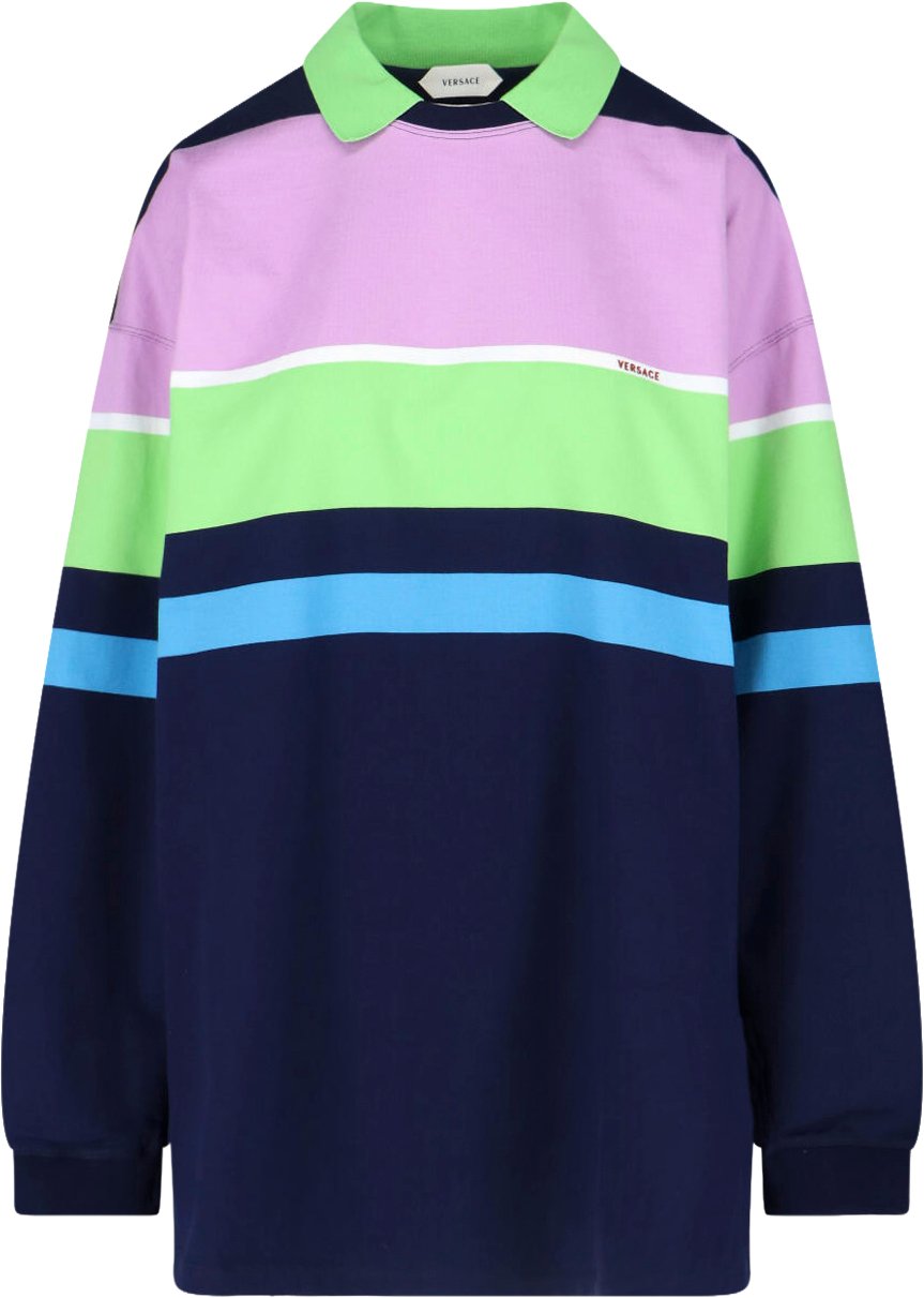 Versace Multicolor Striped Cotton Mini Dress Blauw