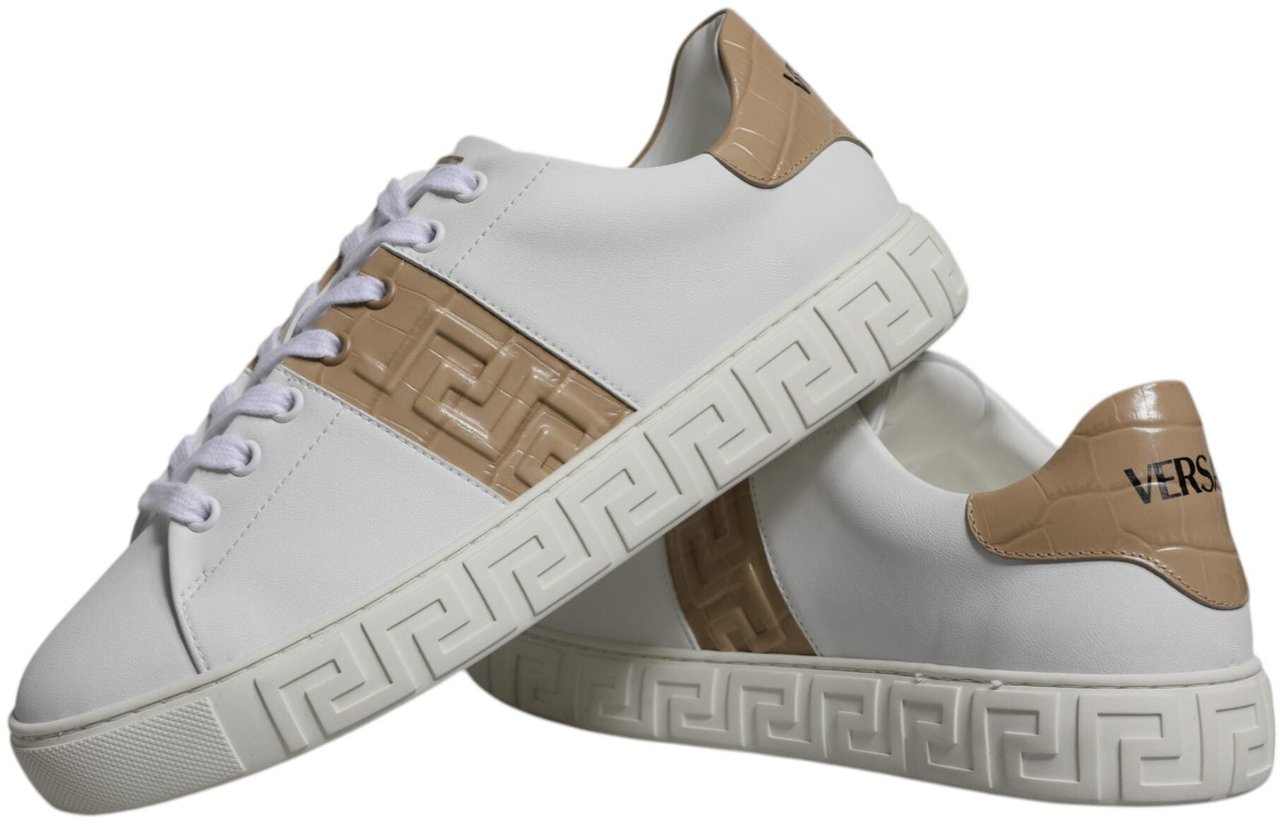 Versace White Brown Greca Print TPU Low Top Men Sneakers Shoes Wit