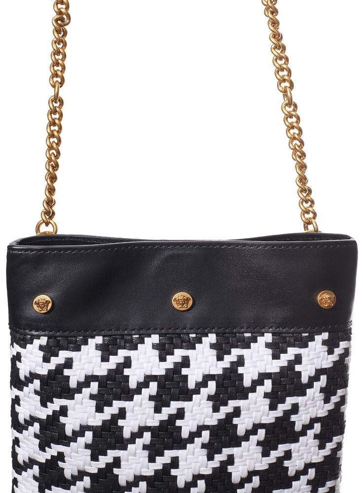 Versace Versace Black And White Leather And Textile Shoulder Bag Zwart